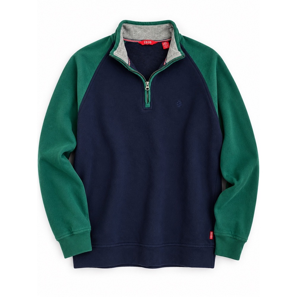 IZOD Navy Green Colorblock Quarter Zip Heritage Preppy Collegiate Size Medium